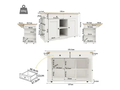 Isla de cocina con encimera abatible, carrito de cocina con toma de corriente, MDF y metal, blanco y natural (151,5x59,7x91,7 cm)