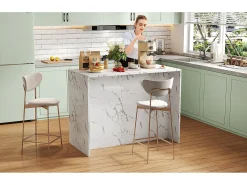 Isla de cocina con encimera de madera Eiche, puertas de cristal templado, estantes ajustables y toallero, diseño moderno (120 x 60 x 90,5 cm)