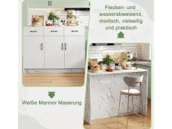 Isla de cocina con encimera de madera Eiche, puertas de cristal templado, estantes ajustables y toallero, diseño moderno (120 x 60 x 90,5 cm)