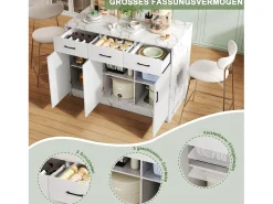Isla de cocina con encimera de madera Eiche, puertas de cristal templado, estantes ajustables y toallero, diseño moderno (120 x 60 x 90,5 cm)