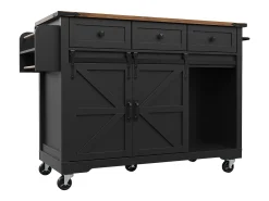 Isla de cocina con encimera abatible - Carrito de cocina con 2 puertas correderas y 3 cajones - toallero y especiero - negro