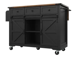 Isla de cocina con encimera abatible - Carrito de cocina con 2 puertas correderas y 3 cajones - toallero y especiero - negro