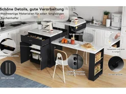 Isla de cocina con mesa extensible para 4-6 personas, almacenaje, enchufes y estantes abiertos, MDF, blanco y negro (211x55x89,5 cm)