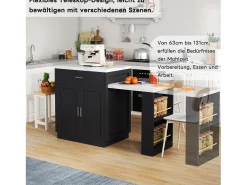 Isla de cocina con mesa extensible para 4-6 personas, almacenaje, enchufes y estantes abiertos, MDF, blanco y negro (211x55x89,5 cm)