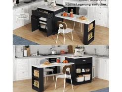 Isla de cocina con mesa extensible para 4-6 personas, almacenaje, enchufes y estantes abiertos, MDF, blanco y negro (211x55x89,5 cm)