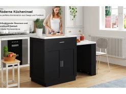 Isla de cocina con mesa extensible para 4-6 personas, almacenaje, enchufes y estantes abiertos, MDF, blanco y negro (211x55x89,5 cm)