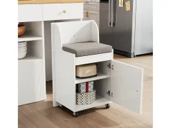 Isla de cocina con mesa plegable - 140 x 40/70 x 89 cm - con taburetes + 6 cajones + puerta - MDF + metal - blanco