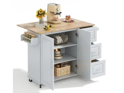 Isla de cocina con ruedas 137x43/76 cm con 3 cajones y 2 puertas - Gris y madera