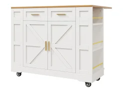 Isla de cocina con ruedas - 120 x 65 x 90 cm - Carrito con módulos extensibles - 2 puertas + 2 cajones - MDF - Blanco