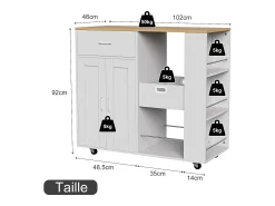 Isla de cocina con ruedas, carrito de cocina móvil con encimera y almacenaje, mueble de almacenaje, 102 × 46 × 92 cm, Blanco