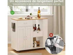 Isla de cocina con ruedas, carrito de cocina móvil con encimera y almacenaje, mueble de almacenaje, 102 × 46 × 92 cm, Blanco