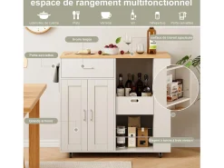 Isla de cocina con ruedas, carrito de cocina móvil con encimera y almacenaje, mueble de almacenaje, 102 × 46 × 92 cm, Blanco