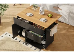 Isla de cocina con ruedas - 133 x 70 x 88 cm - Carrito con módulos extensibles + 3 cajones + 3 puertas - MDF - Negro