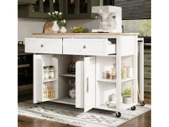Isla de cocina con ruedas - Mesa comedor extensible - 2 puertas y 2 cajones - Estantes abiertos - MDF - Blanco