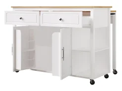Isla de cocina con ruedas - Mesa comedor extensible - 2 puertas y 2 cajones - Estantes abiertos - MDF - Blanco