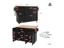 Isla de cocina con ruedas - 140 x 43 x 92 cm - con encimera extensible + 3 puertas + 2 cajones - Metal + MDF - negro
