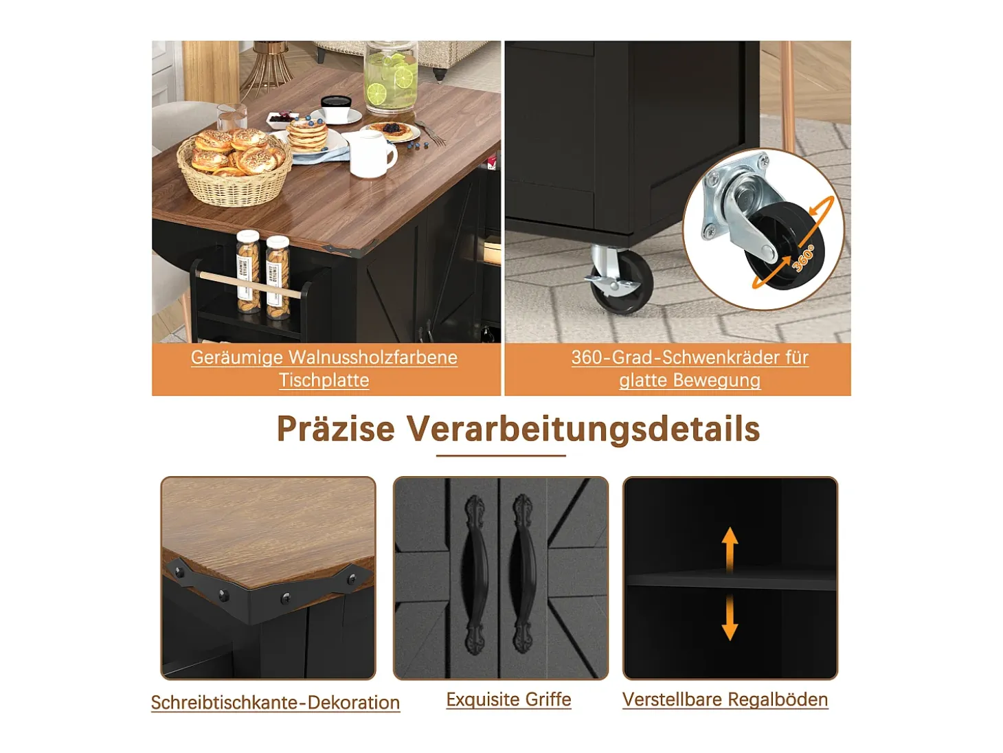 Isla de cocina con ruedas - 140 x 45 x 90,5 cm - con encimera extensible + 2 puertas + 3 cajones - Metal + MDF - negro