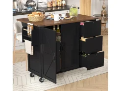 Isla de cocina con ruedas - 140 x 45 x 90,5 cm - con encimera extensible + 2 puertas + 3 cajones - Metal + MDF - negro