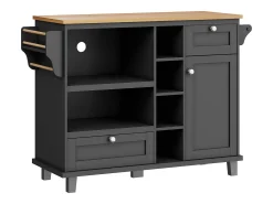 Isla de cocina con ruedas, puerta y 2 cajones - encimera efecto madera - Negra