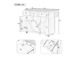Isla de cocina con ruedas - 131,2 x 46,2/76,2 x 92,7 cm - encimera abatible - con 3 puertas + 3 cajones - MDF - gris