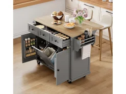 Isla de cocina con ruedas - 131,2 x 46,2/76,2 x 92,7 cm - encimera abatible - con 3 puertas + 3 cajones - MDF - gris