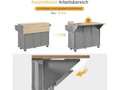 Isla de cocina con ruedas - 131,2 x 46,2/76,2 x 92,7 cm - encimera abatible - con 3 puertas + 3 cajones - MDF - gris