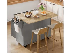 Isla de cocina con ruedas - 131,2 x 46,2/76,2 x 92,7 cm - encimera abatible - con 3 puertas + 3 cajones - MDF - gris
