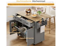 Isla de cocina con ruedas - 131,2 x 46,2/76,2 x 92,7 cm - encimera abatible - con 3 puertas + 3 cajones - MDF - gris