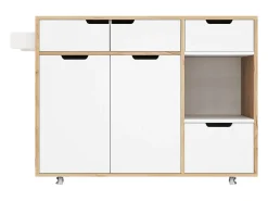 Isla de cocina con ruedas con 3 cajones y 3 puertas - Carrito de servicio moderno blanco y madera