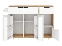 Isla de cocina con ruedas con 3 cajones y 3 puertas - Carrito de servicio moderno blanco y madera