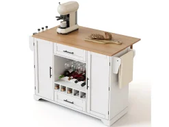 Isla de cocina con ruedas con 2 puertas, 2 cajones y botellero - Blanco - Madera MDF