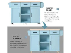 Isla de cocina con ruedas y tablero abatible - 139 x 46 (71) x 91,5 cm - con 2 puertas + 3 cajones + estantes - MDF - azul