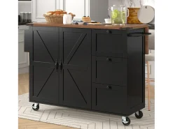 Isla de Cocina con Tablero Retroiluminado, Diseño Moderno, MDF, Negro y Nogal, con 2 Puertas y 3 Cajones (140x45x92,5 cm)