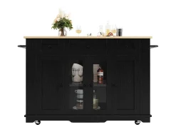 Isla de cocina con tablero abatible, separadores extraíbles, aparador de cristal templado, MDF y metal, color negro y natural (151,5x60x91,7 cm)
