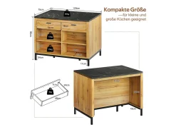 Isla de cocina estilo rústico con 2 cajones, 4 estantes y encimera de mármol (120×75×90 cm)