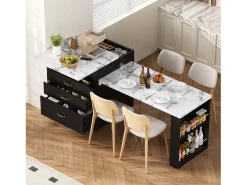 Isla de cocina extensible con ruedas - 125,5 x 71 x 93 cm - con puerta + cajones + LED - MDF - negro