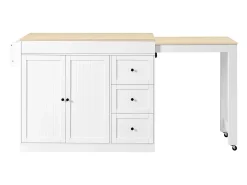 Isla de cocina extensible con ruedas - 112/186,8 x 45 x 93 cm - con estante + 3 cajones + 2 puertas - MDF - blanco