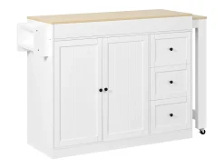 Isla de cocina extensible con ruedas - 112/186,8 x 45 x 93 cm - con estante + 3 cajones + 2 puertas - MDF - blanco