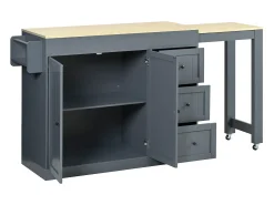 Isla de cocina extensible con ruedas - 112/186,8 x 45 x 93 cm - con estante + 3 cajones + 2 puertas - MDF - gris