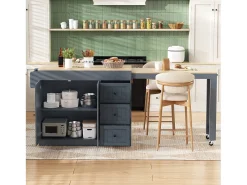 Isla de cocina extensible con ruedas - 112/186,8 x 45 x 93 cm - con estante + 3 cajones + 2 puertas - MDF - gris