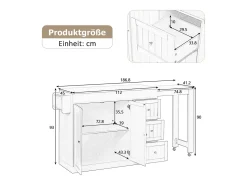 Isla de cocina extensible con ruedas - 112/186,8 x 45 x 93 cm - con estante + 3 cajones + 2 puertas - MDF - gris