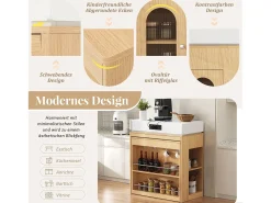 Isla de cocina extensible con ruedas y tablero abatible - 83 x 46 x 96 cm - mesa alta con puerta y cajón - MDF + cristal - natural