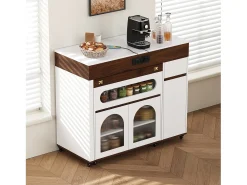Isla de cocina extensible con ruedas y tablero de cristal - 110,5 x 50,5 x 95,5 cm - con puerta y cajón - MDF + cristal - blanco + marrón