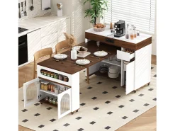 Isla de cocina extensible con ruedas y tablero de cristal - 110,5 x 50,5 x 95,5 cm - con puerta y cajón - MDF + cristal - blanco + marrón