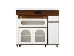 Isla de cocina extensible con ruedas y tablero de cristal - 110,5 x 50,5 x 95,5 cm - con puerta y cajón - MDF + cristal - blanco + marrón