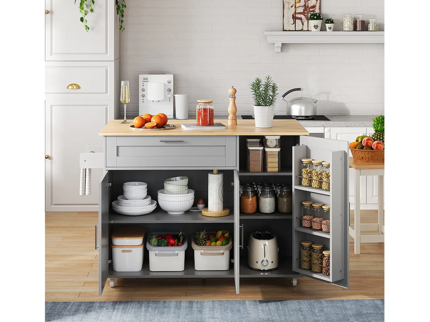 Isla de cocina gris, Isla de cocina móvil con encimera abatible, 3 puertas y 1 cajón - para cocinas y comedores