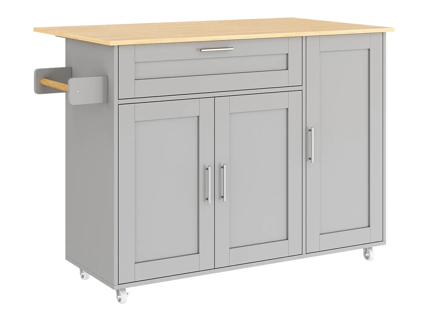 Isla de cocina gris, Isla de cocina móvil con encimera abatible, 3 puertas y 1 cajón - para cocinas y comedores