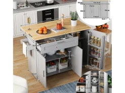 Isla de cocina gris, Isla de cocina móvil con encimera abatible, 3 puertas y 1 cajón - para cocinas y comedores