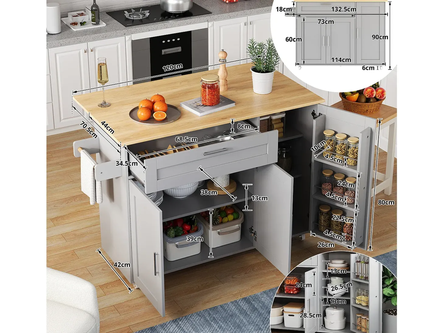 Isla de cocina gris, Isla de cocina móvil con encimera abatible, 3 puertas y 1 cajón - para cocinas y comedores
