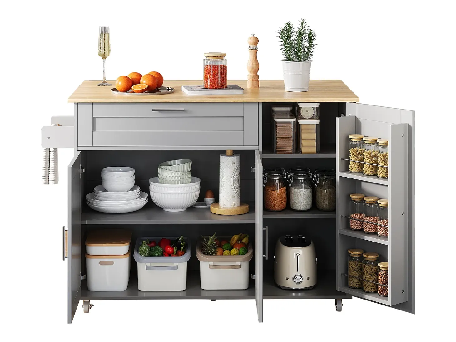Isla de cocina gris, Isla de cocina móvil con encimera abatible, 3 puertas y 1 cajón - para cocinas y comedores